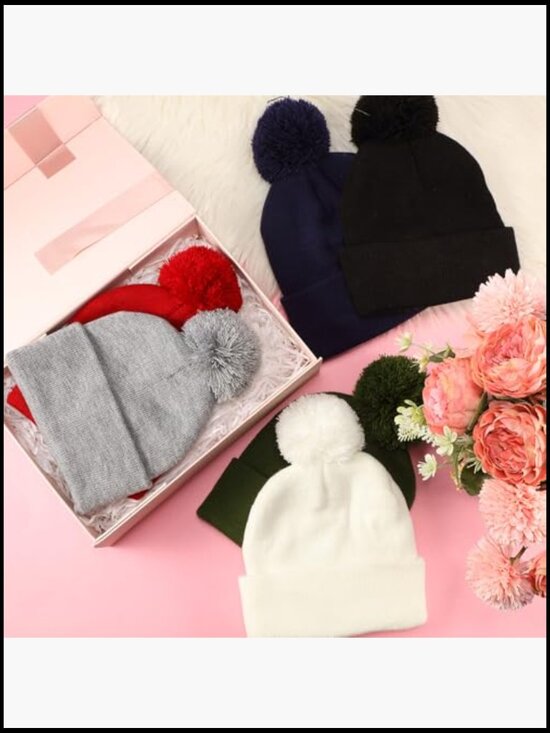 6 Pack Winter Knitted Beanies with Faux Fur Pom - Soft Acrylic Stretch Fit for main image 6